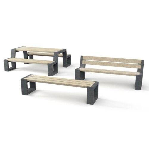 Kunststof parkbank Matrix 18 Alle modellen uit deze lijn straatmeubilair op een rij. De picknickset, de parkbank met leuning en de parkbank zonder leuning. Prachtig design en zeer duurzaam.